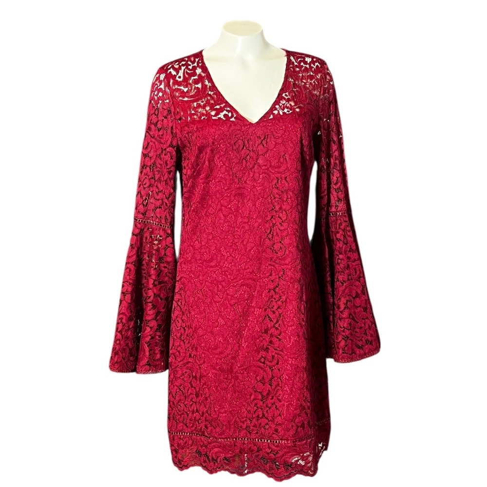 White House Black Market Burgundy Lace V Neck Bell Sleeve Dress‎ 10